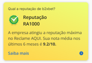 (b2x bet é confiável). A imagem apresenta um cartão informativo sobre a reputação da empresa b2xbet no site Reclame AQUI. O fundo do cartão é amarelo claro, e no topo há a pergunta **"Qual a reputação de b2xbet?"**. Abaixo, há um ícone de um círculo verde com um símbolo de verificação branco dentro, seguido pelo texto **"Reputação RA1000"**. Em seguida, há uma descrição que diz: **"A empresa atingiu a reputação máxima no Reclame AQUI. Sua nota média nos últimos 6 meses é 9.2/10."** No canto inferior esquerdo, há um link azul com o texto **"Saiba mais"**. O design da imagem é simples e limpo, utilizando cores chamativas para destacar a reputação da empresa e facilitar a leitura das informações. 